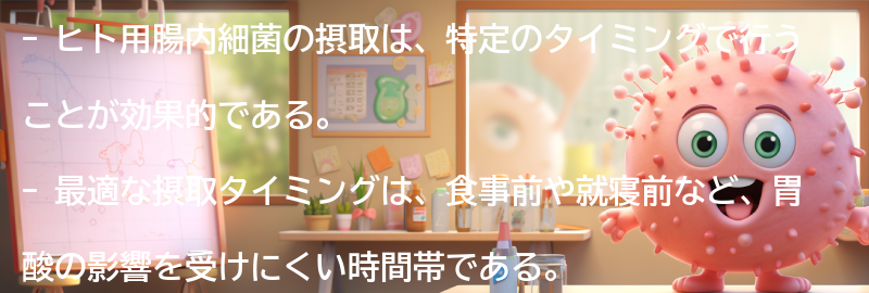 ヒト用腸内細菌の摂取の効果的なタイミングの要点まとめ