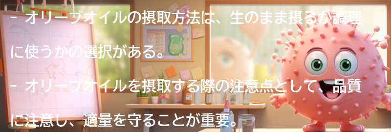 オリーブオイルの摂取方法と注意点の要点まとめ