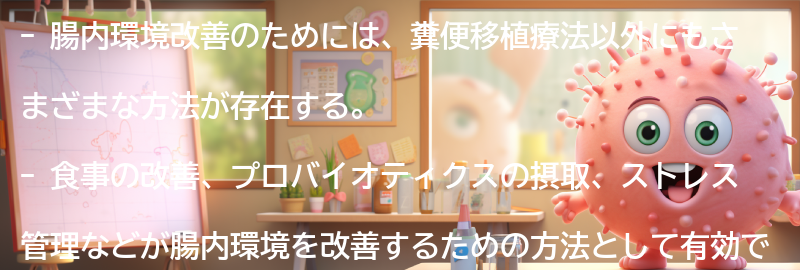 糞便移植療法以外の腸内環境改善方法の紹介の要点まとめ